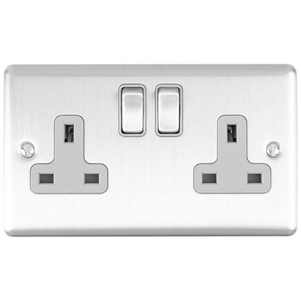 Double brushed metal switched socket with grey trim, Double Pole ...