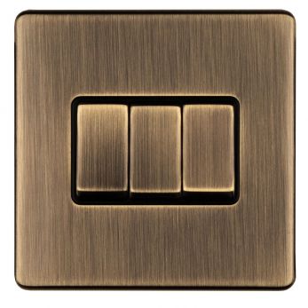 Antique Brass Triple Light Switch, Black Inserts and Matching Switches | 2 Way, 10A | Concealed 3mm range by Eurolite - AB3SWB