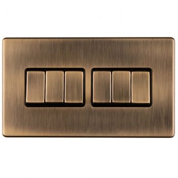 Antique Brass 6 Gang Light Switch, Black Inserts and Matching Switches | 2 Way, 10A | Concealed 3mm range by Eurolite - AB6SWB