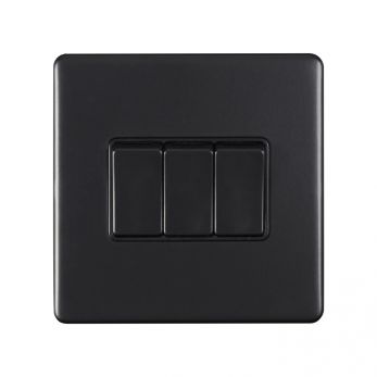 Matt Black Triple Light Switch, Black Inserts | 2 Way, 10A | Concealed 3mm range by Eurolite - ECMB3SWB