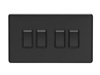 Matt Black 4 Gang Light Switch, Black Inserts | 2 Way, 10A | Concealed 3mm range by Eurolite - ECMB4SWB