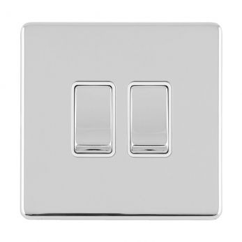 Polished Silver Double Light Switch with Matching Switches, White Inserts | 2 Way, 10A | Concealed 3mm range by Eurolite - ECPC2SWW