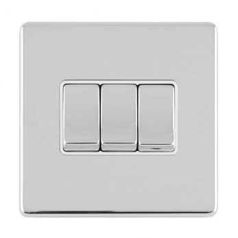 Polished Silver Triple Light Switch with Matching Switches, White Inserts | 2 Way, 10A | Concealed 3mm range by Eurolite - ECPC3SWW