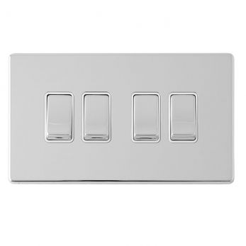 Polished Silver 4 Gang Light Switch, White Inserts and Matching Switches | 2 Way, 10A | Concealed 3mm range by Eurolite - ECPC4SWW