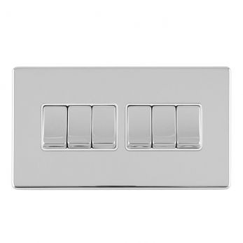 Polished Silver 6 Gang Light Switch, White Inserts and Matching Switches | 2 Way, 10A | Concealed 3mm range by Eurolite - ECPC6SWW