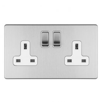 Brushed Steel Double Socket, White Inserts | 13A | Concealed 3mm range by Eurolite - ECSS2SOW