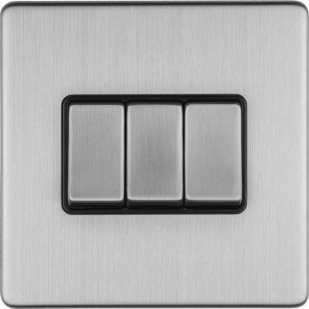 Brushed Steel Triple Light Switch, Black Inserts | 2 Way, 10A | Concealed 3mm range by Eurolite - ECSS3SWB