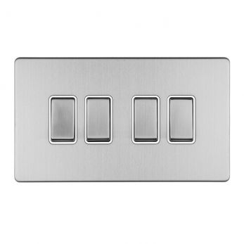 Brushed Steel 4 Gang Light Switch, White Inserts | 2 Way, 10A | Concealed 3mm range by Eurolite - ECSS4SWW