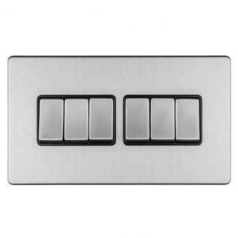 Brushed Steel 6 Gang Light Switch, Black Inserts | 2 Way, 10A | Concealed 3mm range by Eurolite - ECSS6SWB