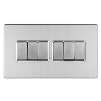 Brushed Steel 6 Gang Light Switch, White Inserts | 2 Way, 10A | Concealed 3mm range by Eurolite - ECSS6SWW