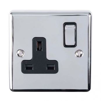 Polished Silver Single Socket, Black Inserts | 13A | Enhance Decorative range by Eurolite - EN1SOPCB