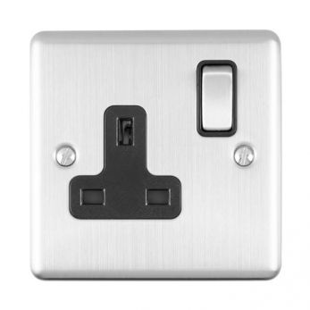 Brushed Steel Single Socket, Black Inserts | 13A | Enhance Decorative range by Eurolite - EN1SOSSB