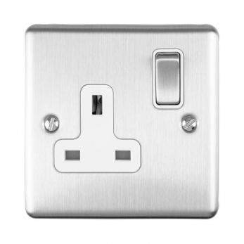 Brushed Steel Single Socket, White Inserts | 13A | Enhance Decorative range by Eurolite - EN1SOSSW