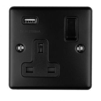 Matt Black 2.1A USB Single Socket, Black Inserts | 13A | USB-A | Enhance Decorative range by Eurolite - EN1USBMBB