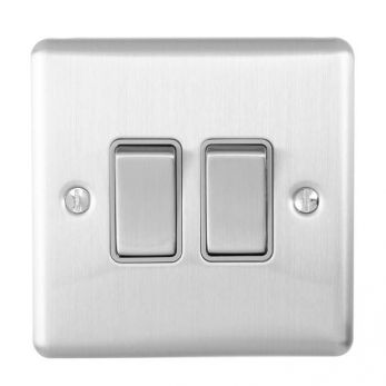 Brushed Steel Double Light Switch, Grey Inserts | 2 Way, 10A | Enhance Decorative range by Eurolite - EN2SWSSG