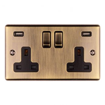 Eurolite 2 Gang 13Amp Switched Socket With Comb 3.1 Amp Usb Outlets Antique Brass Enhance Range Black Trim - EN2USBABB