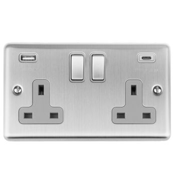 Double brushed metal 3.1A USBC/A switched socket with grey trim, Double Pole, Enhance range by Eurolite (EN2USBCSSG)