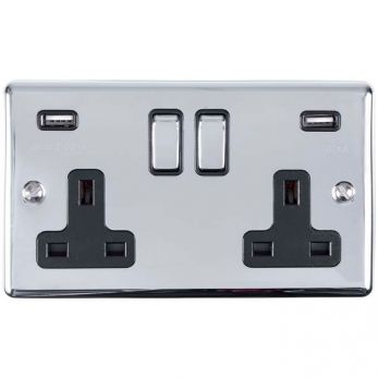 Eurolite 2 Gang 13Amp Switched Socket With Comb 3.1 Amp Usb Outlets Polished Chrome Enhance Range Black Trim - EN2USBPCB