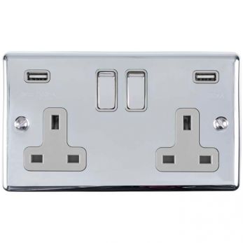 Eurolite 2 Gang 13Amp Switched Socket With Comb 3.1 Amp Usb Outlets Polished Chrome Enhance Range Grey Trim - EN2USBPCG