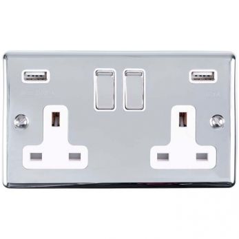 Eurolite 2 Gang 13Amp Switched Socket With Comb 3.1 Amp Usb Outlets Polished Chrome Enhance Range White Trim - EN2USBPCW