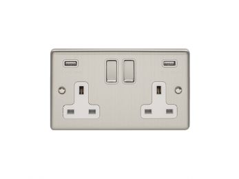 Eurolite 2 Gang 13Amp Switched Socket With Comb 3.1 Amp Usb Outlets Satin Enhance Range White Trim - EN2USBSSW