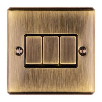 Antique Brass Triple Light Switch, Black Inserts and Matching Switches | 2 Way, 10A | Enhance Decorative range by Eurolite - EN3SWABB