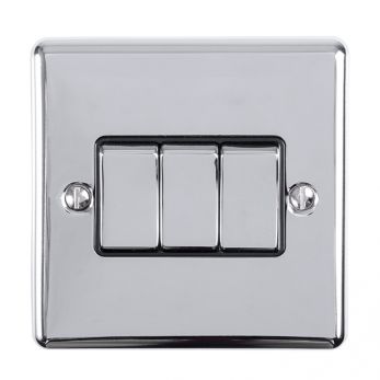 Polished Silver Triple Light Switch, Black Inserts and Matching Switches | 2 Way, 10A | Enhance Decorative range by Eurolite - EN3SWPCB