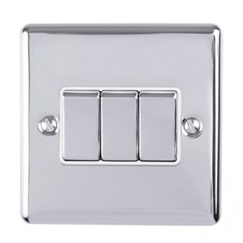 Polished Silver Triple Light Switch, White Inserts and Matching Switches | 2 Way, 10A | Enhance Decorative range by Eurolite - EN3SWPCW