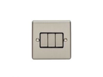 Brushed Steel Triple Light Switch, Black Inserts | 2 Way, 10A | Enhance Decorative range by Eurolite - EN3SWSSB