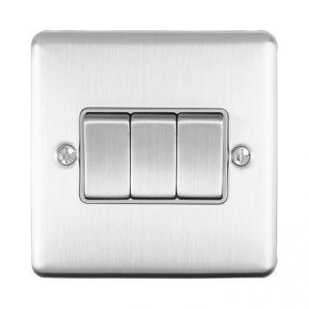 Brushed Steel Triple Light Switch, Grey Inserts | 2 Way, 10A | Enhance Decorative range by Eurolite - EN3SWSSG