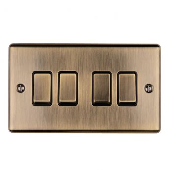 Antique Brass 4 Gang Light Switch, Black Inserts and Matching Switches | 2 Way, 10A | Enhance Decorative range by Eurolite - EN4SWABB