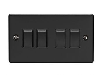 Matt Black 4 Gang Light Switch, Black Inserts | 2 Way, 10A | Enhance Decorative range by Eurolite - EN4SWMBB