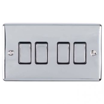 Polished Silver 4 Gang Light Switch, Black Inserts and Matching Switches | 2 Way, 10A | Enhance Decorative range by Eurolite - EN4SWPCB