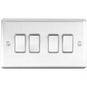 Brushed Steel 4 Gang Light Switch, Grey Inserts | 2 Way, 10A | Enhance Decorative range by Eurolite - EN4SWSSG