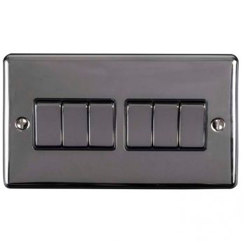 Black Nickel 6 Gang Light Switch, Black Inserts and Matching Switches | 2 Way, 10A | Enhance Decorative range by Eurolite - EN6SWBNB