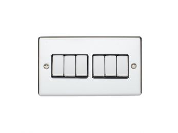 Polished Silver 6 Gang Light Switch, Black Inserts and Matching Switches | 2 Way, 10A | Enhance Decorative range by Eurolite - EN6SWPCB