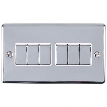 Polished Silver 6 Gang Light Switch, White Inserts and Matching Switches | 2 Way, 10A | Enhance Decorative range by Eurolite - EN6SWPCW