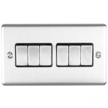 Brushed Steel 6 Gang Light Switch, Black Inserts | 2 Way, 10A | Enhance Decorative range by Eurolite - EN6SWSSB