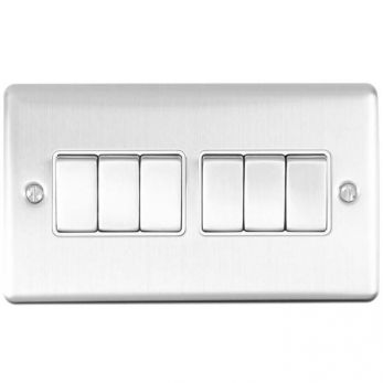 Brushed Steel 6 Gang Light Switch, White Inserts | 2 Way, 10A | Enhance Decorative range by Eurolite - EN6SWSSW