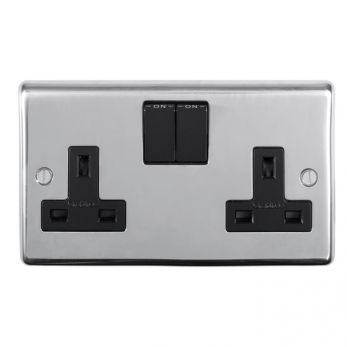 Polished Silver Double Socket, Black Inserts | 13A | Stainless Steel range by Eurolite - PSS2SOB