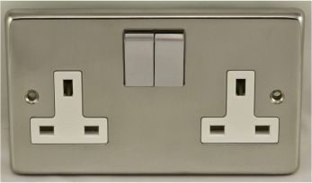 Polished Silver Double Socket, White Inserts and Matching Rockers | 13A | Stainless Steel range by Eurolite - PSS2SOPSW