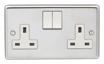 Polished Silver Double Socket, White Inserts | 13A | Stainless Steel range by Eurolite - PSS2SOW