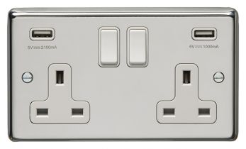 Polished Silver 3.1A USB Double Socket, White Inserts | 13A | USB-A | Stainless Steel range by Eurolite - PSS2USBW