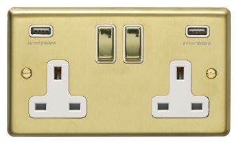 Satin Brass 3.1A USB Double Socket, White Inserts | 13A | USB-A | Stainless Steel range by Eurolite - SB2USBPBW