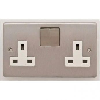 Brushed Steel Double Socket, White Inserts | 13A | Stainless Steel range by Eurolite - SSS2SOSSW