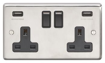 Brushed Steel 3.1A USB Double Socket, Black Inserts | 13A | USB-A | Stainless Steel range by Eurolite - SSS2USBB