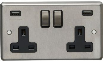 Brushed Steel 3.1A USB Double Socket, Black Inserts | 13A | USB-A | Stainless Steel range by Eurolite - SSS2USBSSB