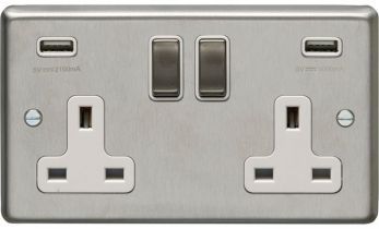 Brushed Steel 3.1A USB Double Socket, White Inserts | 13A | USB-A | Stainless Steel range by Eurolite - SSS2USBSSW