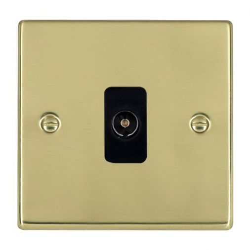 Hamilton 71TVB Polished Brass 1 Gang TV Socket, 1 In/1 Out, Black Inserts, 25mm Depth, Slim Plate