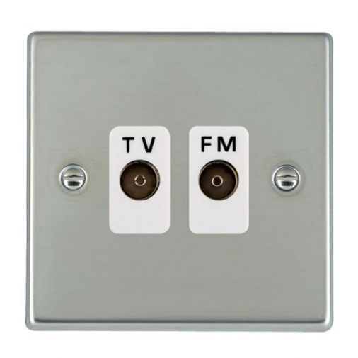 73TVFMW - Hamilton Bright Stainless Isolated TV/FM Diplexer 1 In/2 Out, White Plastic Inserts, Slim Plate, 25mm Depth